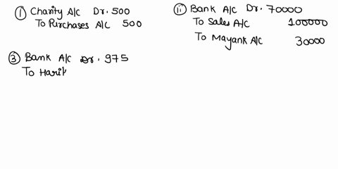 journalise-the-following-transaction-entries-i-goods-costing-500-given-as-charity-ii-sold-goods-to-mayank-of-100000-payable-by-cheque-at-the-time-of-sale-and-balance-after-30-days-of-sale-ii-35137