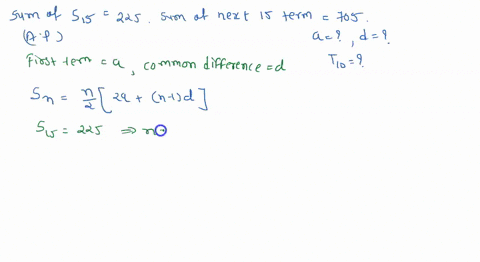 the-sum-of-the-first-15-terms-of-an-arithmetic-series-is-225-and-the-sum-of-the-next-15-terms-is-705-find-the-first-term-and-the-common-difference-hence-determine-the-tenth-terin-40857