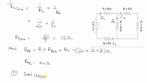 from-the-below-diagram-determine-i-the-equivalent-resistance-of-the-entire-circuit-ii-the-current-through-each-resistor-iii-the-total-current-from-the-power-supply-iv-the-voltage-drop-across-09552