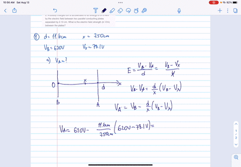 1-two-parallel-conducting-plates-are-separated-by-a-distance-d-116-cm-plate-b-which-is-at-a-higher-potential-has-a-value-of-620-v-the-potential-at-x-750-cm-from-the-plate-b-is-781-v-a-what-i-41166