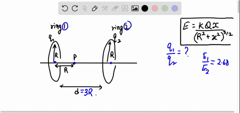 the-figure-shows-two-parallel-nonconducting-rings-with-their-central-axes-along-a-common-line-ring-1-has-uniform-charge-q1-and-radius-r-ring-2-has-uniform-charge-q2and-the-same-radius-r-the-67788