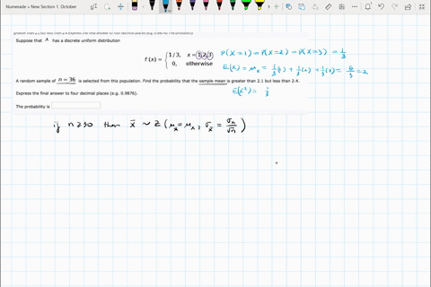 suppose-that-has-discrete-uniform-distribution-13-x-123-f-x-otherwise-random-sample-of-n-36-is-selected-from-this-population-_-find-the-probability-that-the-sample-mean-greater-than-21-but-l-53623