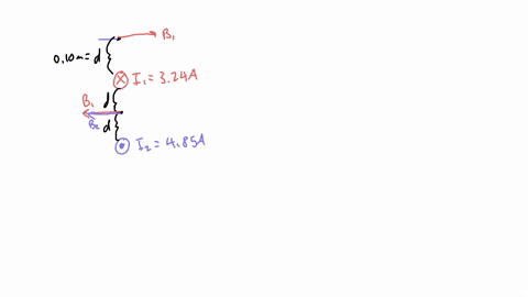 as-shown-in-the-figure-below-two-long-parallel-wires-1-and-2-carry-currents-of-i1-324-a-and-i2-485-a-in-the-direction-indicated-a-determine-the-magnitude-and-direction-of-the-magnetic-field-07076