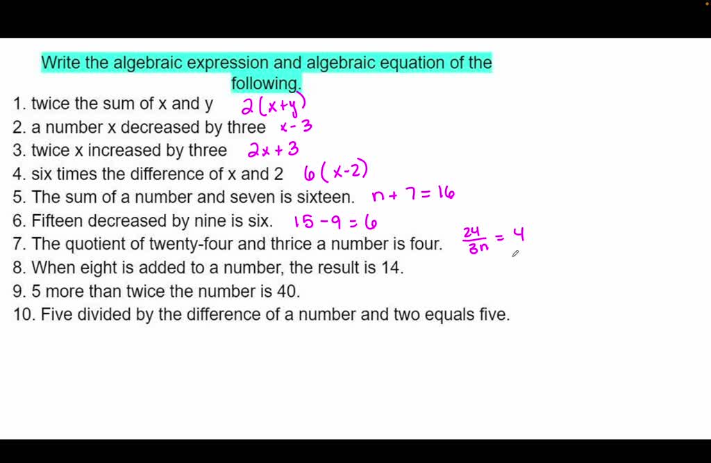 Solved: a) twice the difference between z and 8 b) the product of 5 and p is  decreased by 10 c) th [algebra]