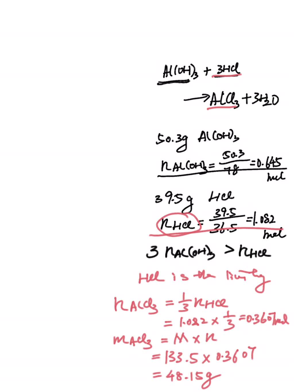 SOLVED: A.) Given the following equation: Al(OH)3 (s) + 3 HCl (aq ...