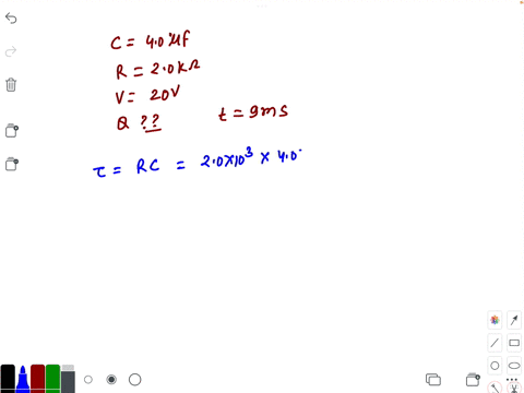 38-a-40-af-capacitor-is-connected-in-series-with-a-20-ks-resistor-across-a-20-v-dc-source-and-an-open-switch-if-the-switch-is-closed-at-t-0-what-is-the-charge-on-the-capacitor-at-t-9-ms-53382