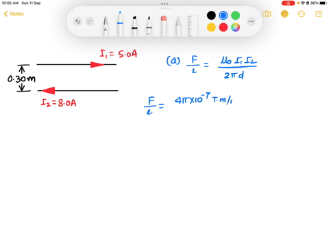 two-long-parallel-wires-that-are-030-m-apart-carry-currents-of-50-a-and-80-a-in-the-opposite-direction-find-the-magnitude-of-the-force-per-unit-length-that-each-wire-exerts-on-the-other-wire-77074