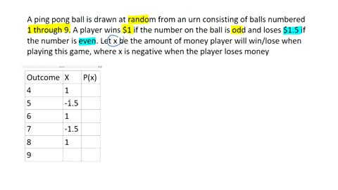 ping-pong-ball-is-drawn-at-random-from-an-urn-consisting-of-balls-numbered-through-9-player-wins-s1-if-the-number-on-the-ball-is-odd-and-loses-515-if-the-number-is-even-let-x-be-the-amount-o-77777