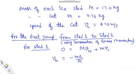two-227-kg-ice-sleds-initially-at-rest-are-placed-a-short-distance-apart-one-directly-behind-the-other-as-shown-in-fig-1-a-363-kg-cat-standing-on-the-left-sled-jumps-across-to-the-right-one-08898