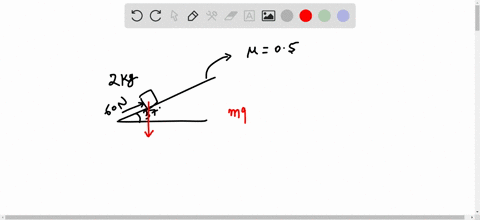 a-block-with-a-mass-m-20-kg-initially-at-rest-is-pushed-up-the-incline-of-37-by-a-horizontal-force-f-60-n-the-coefficient-of-kinetic-friction-between-the-block-and-the-incline-k-05-find-the-accelerati