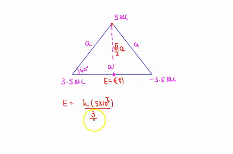 three-charges-are-at-the-corners-of-an-equilateral-triangle-as-shown-in-the-figure-below-calculate-the-electric-field-at-a-point-midway-between-the-two-charges-on-the-x-axis-let-q1-500-c-q2-10625