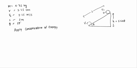 uniform-solid-sphere-of-radius-25-cm-and-mass-475-kg-starts-with-purely-translational-speed-of-225-nvs-at-the-top-of-an-inclined-plune-the-surface-of-the-incline-is-20-m-ong-and-is-tilted-at-71646