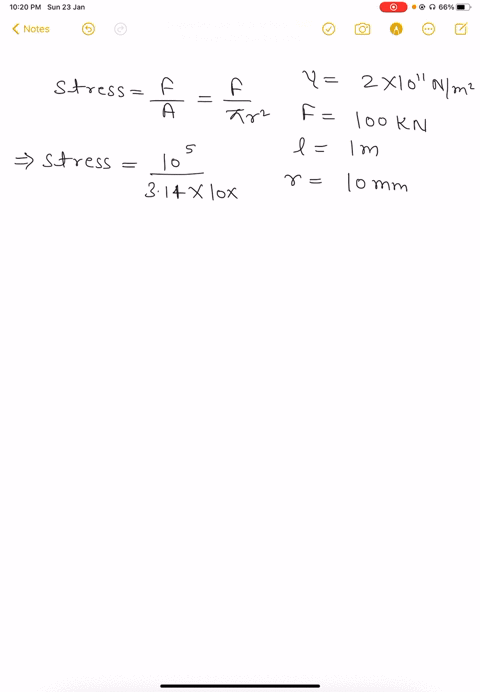 a-steel-rod-has-radius-10mm-and-lenght-of-1-m-a-100kn-force-streches-it-along-its-lenght-calculate-elongation-and-strain-on-the-rod-given-youngs-modulus-of-the-steel-21011-nm2