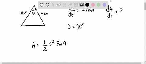 for-8-solve-the-related-rate-problem-draw-a-diagram-with-appropriate-variables-and-include-units-on-your-answer-8-an-isosceles-triangle-has-equal-sides-4-cm-long-and-the-included-angle-is-if-03357