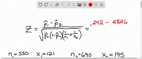 find-the-standardized-test-statistic-z-to-test-the-claim-that-p1-p2-the-sample-statistics-listed-below-are-from-independent-samples-sample-statistics-n1-550-x1-121-and-n2-690-x2-195-66368