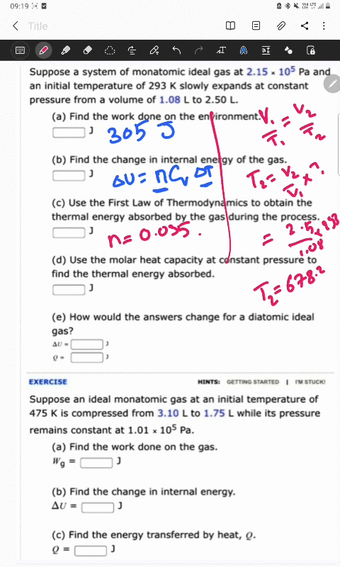 suppose-system-of-monatomic-ideal-gas-at-215-105-pa-and-an-initial-temperature-of-293-k-slowly-expands-at-constant-pressure-from-volume-of-08-to-250-l-a-find-the-work-done-on-the-environment-90567