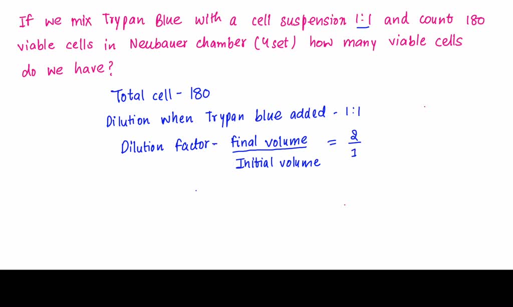 SOLVED: If we mix Trypan Blue with a cell suspension 1:1 and count 180 ...