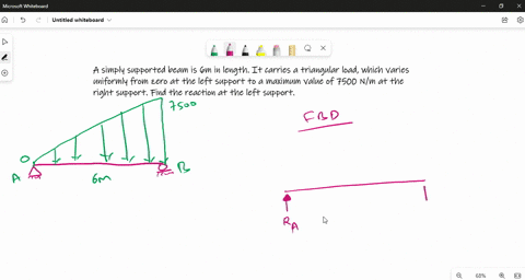 a-simply-supported-beam-is-6m-in-length-it-carries-a-triangular-load-which-varies-uniformly-from-zero-at-the-left-support-to-a-maximum-value-of-7500-nm-at-the-right-support-find-the-reaction-30955