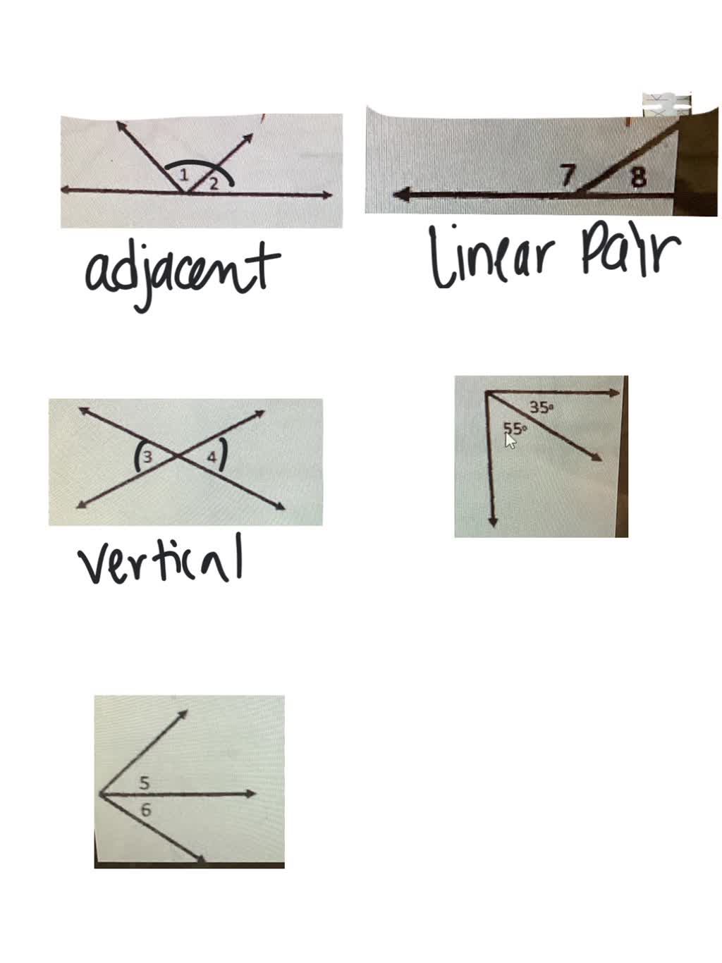 SOLVED: Supplementary, or vertical supplementary: Identify each pair of  angles as adjacent, complementary. Write your answer on a separate sheet of  paper. Supplementary not po 2 Vertical Complementary 350 550 Adjacent