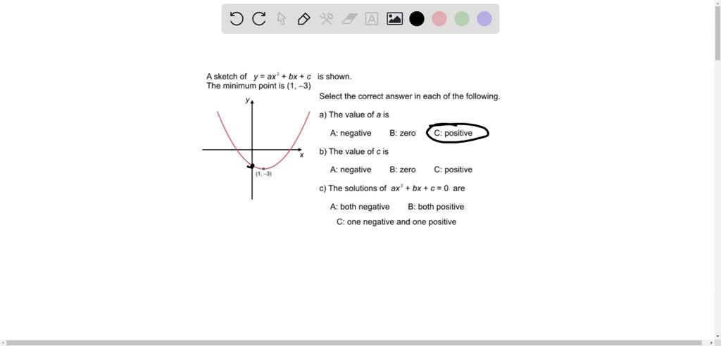 Solved 2 Pleas Can Someone Answer A Sketch Of Y Ax Bx C Is Shown The Minimum Point Is 1 3 Select The Correct Answer In Each Of The