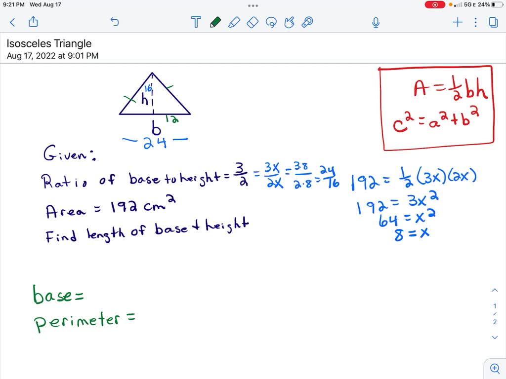 SOLVED: calculate the base and perimeter of an isosceles triangle ...