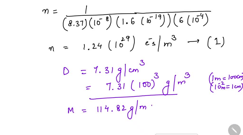 SOLVED: The electron drift mobility of a pure metal is 10 cm2 V-1 s-1 ...