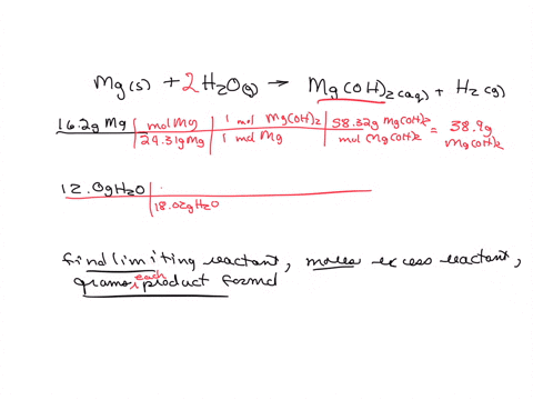 metallic-magnesium-reacts-with-steam-to-produce-magnesium-hydroxide-and-hydrogen-gas-if-162-g-of-mg-are-heated-with-120-g-of-h2o-what-is-the-limiting-reactant-how-many-moles-of-the-excess-re-62398