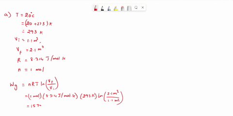 one-mole-of-an-ideal-gas-expands-isothermally-at-t20-from-11-m3-to-21-m3-the-gas-constant-is-given-by-r8314-jmol-k-a-calculate-the-work-done-by-the-gas-during-the-isothermal-expansion-wg-b-c-37164