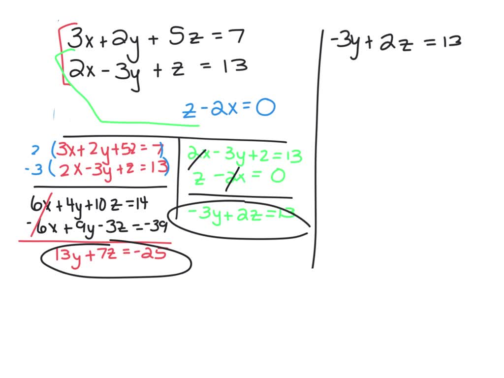 SOLVED: Solve The System Of Equations 3x+2y+5z=7 2x-3y+z=13 Z=2x