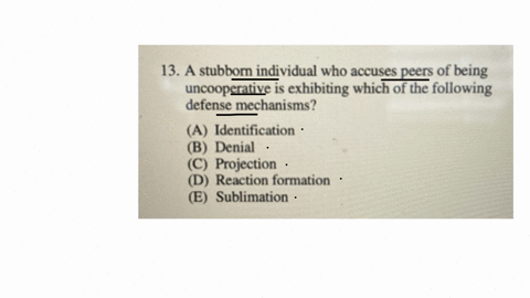 13-a-stubborn-individual-who-accuses-peers-of-being-uncooperative-is-exhibiting-which-of-the-following-defense-mechanisms-a-identification-b-denial-c-projection-d-reaction-formation-e-sublimation