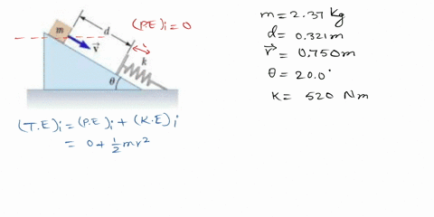 a-spring-is-attached-to-an-inclined-plane-as-shown-in-the-figure-a-block-of-mass-m-237-kg-is-placed-on-the-incline-at-distance-d-0321-m-along-the-incline-from-the-end-of-the-spring-the-block-91334