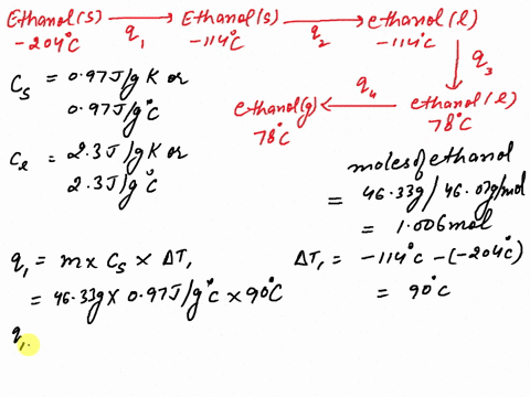 ethanol-c2h5oh-melts-at-114-oc-and-boils-at-78-oc-the-enthalpy-of-fusion-of-ethanol-is-502-kjmol-and-its-enthalpy-of-vaporization-is-3856-kjmol-the-specific-heats-of-solid-and-liquid-ethanol-88971