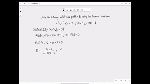 point-use-the-laplace-transform-to-solve-the-following-initial-value-problem-y-y-2y-y0-6-y-0-3-first-using-y-for-the-laplace-transform-of-yt-ie_y-clyt-find-the-equation-you-get-by-taking-the-32097
