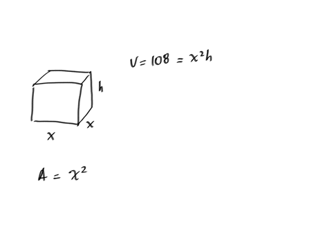 an-open-box-with-a-square-base-is-to-have-a-volume-of-108-cubic-inches-find-the-dimensions-of-the-box-that-will-have-minimum-surface-area-let-xlength-of-the-side-of-the-base-43385