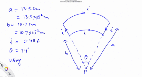 in-fig-29-39-two-circular-arcs-have-radii-a135-mathrmcm-and-b-107-mathrmcm-subtend-angle-theta740circ-carry-current-i0411-mathrma-and-share-the-same-center-of-curvature-p-what-are-the-a-magnitude-an-2