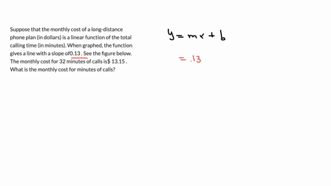 suppose-that-the-monthly-cost-of-a-long-distance-phone-plan-in-dollars-is-a-linear-function-of-the-total-calling-time-in-minutes-when-graphed-the-function-gives-a-line-with-a-slope-of013-see-the-figur