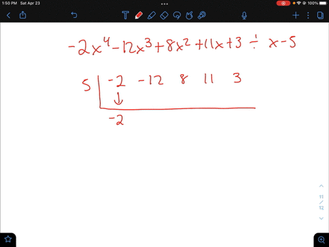 use-synthetic-division-to-find-the-quotient-and-remainder-when-2x4-12x3-8x2-11x-3-is-divided-by-x5-by-completing-the-parts-below-acomplete-this-synthetic-division-table-5-2-12-8-11-3-bwrite-your-answe