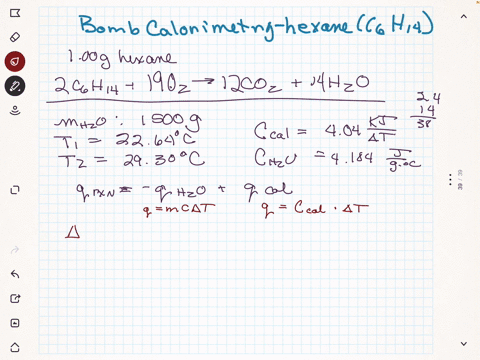 a-100-g-sample-of-hexane-c6h14-undergoes-complete-combustion-with-excess-o2-in-a-bomb-calorimeter-the-temperature-of-the-1500-g-of-water-surrounding-the-bomb-rises-from-2264ac-to-2930ac-the-28793