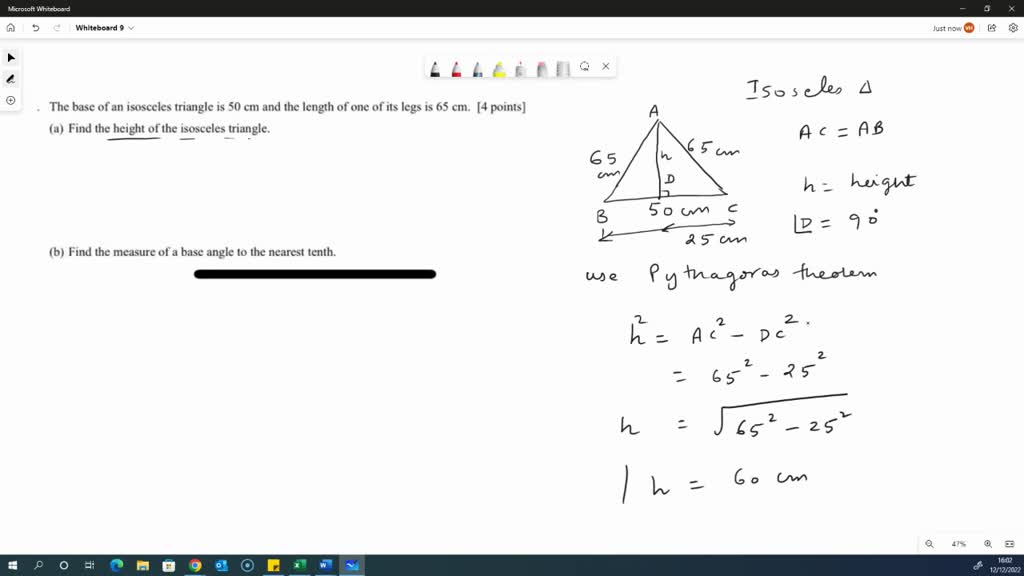 SOLVED The base of an isosceles triangle is 50 cm and the length of
