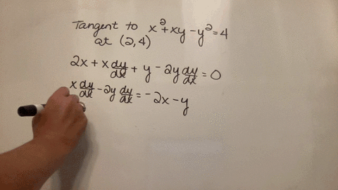 find-the-equation-of-the-tangent-to-the-curve-x-2-xy-y-2-4-at-the-point-2-4-on-the-curve