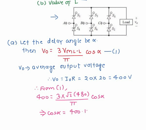 the-six-pulse-controlled-three-phase-converter-shown-in-fig1-is-supplied-from-480-v-rms-line-to-line-60hz-three-phase-source-the-load-is-a-series-rl-combination-of-r-2oc2-determine-the-delay-48053