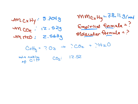 when-3704-grams-of-a-hydrocarbon-cxhy-were-burned-in-a-combustion-analysis-apparatus-1252-grams-of-co2-and-2563-grams-of-h2o-were-produced-in-a-separate-experiment-the-molar-mass-of-the-compound-was-f