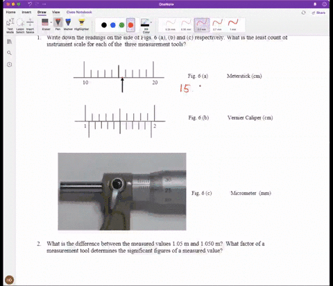 questiou-and-exercises-write-down-the-readings-on-the-side-of-figs-6-a-and-instrument-scale-for-each-of-the-three-measurement-tools-respectively-what-is-the-least-count-of-fig-6-2-meterstick-45719