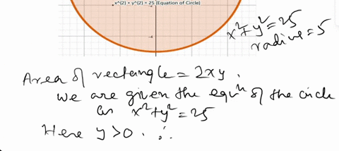 a-rectangle-is-bounded-by-the-x-axis-and-the-semicircle-y-25-x2-what-length-and-width-should-the-rectangle-have-so-that-its-area-is-maximum-88393