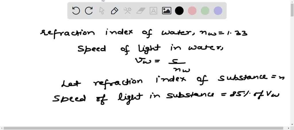 The speed of light in a certain substance 85 its value in water (nwater= 1.33). Part A What is the index of refraction of that substance?