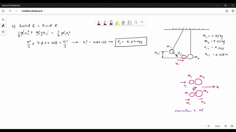 as-shown-in-the-figure-below-object-m1-145-kg-starts-at-an-initial-height-h1i-0258-m-and-speed-v1i-400-ms-swings-downward-and-strikes-in-an-elastic-collision-object-m2-455-kg-which-is-initia-42553