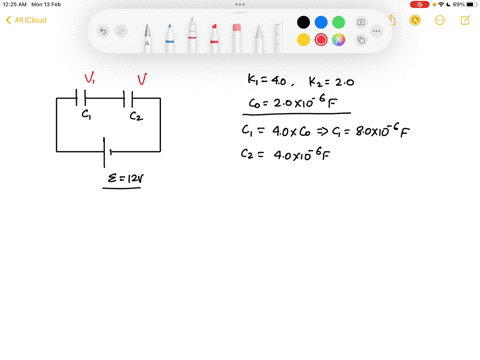 two-capacitors-c1-and-c2-are-connected-in-series-to-a-12-v-battery-as-shown-in-the-sketch-each-has-a-dielectric-filling-the-volume-between-the-plates-with-k1-40-and-k2-20-without-a-dielectri-85034