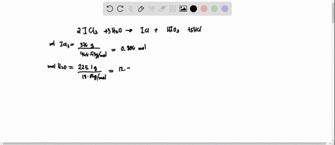 calculate-the-maximum-numbers-of-moles-and-grams-of-iodic-acid-hio3-that-can-form-when-376-g-of-iodine-trichloride-reacts-with-2251-g-of-water-icl3-h2o-icl-hio3-hcl-unbalanced-____-mol-hio3-09645