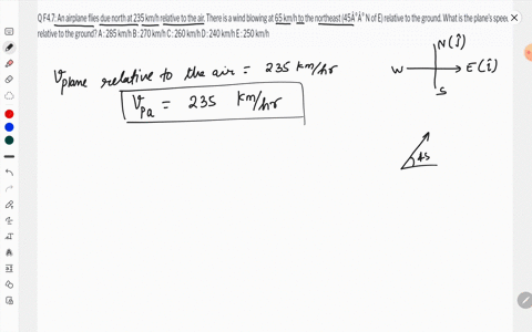 q-f47-an-airplane-flies-due-north-at-235-kmh-relative-to-the-air-there-is-a-wind-blowing-at-65-kmh-to-the-northeast-45-n-of-e-relative-to-the-ground-what-is-the-planes-speed-relative-to-the-23398