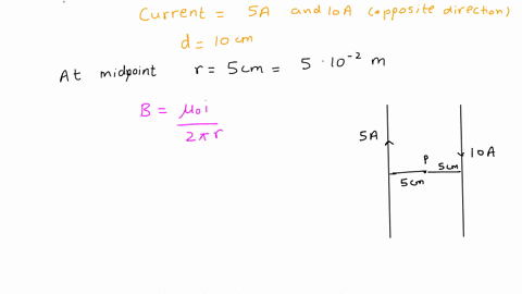 two-long-straight-parallel-wires-in-which-there-are-currents-of-50-and-100-a-in-opposite-directions-are-10-cm-apart-find-the-magnitude-and-direction-of-the-magnetic-field-strength-at-a-point-31662